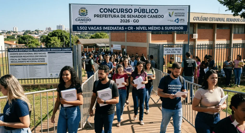 Concurso Público Senador Canedo GO 2025 com 1502 vagas imediatas e salários de até R$ 9.929 para cargos de nível médio e superior