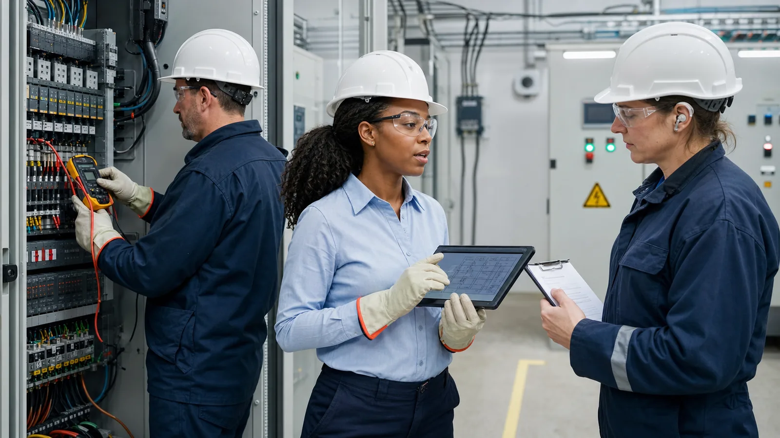 Profissionais de sistemas elétricos atuando em painel elétrico industrial com equipamentos de proteção
